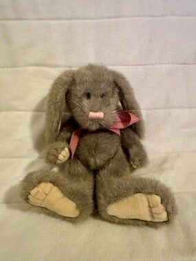 Boyds Bears Grey Plush Bunny with Pink Nose and Ribbon
